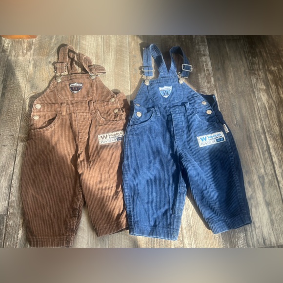 2 pair Vintage 90s Weebok Corduroy Overalls by Reebok navy & brown corduroy bibs - Picture 16 of 16